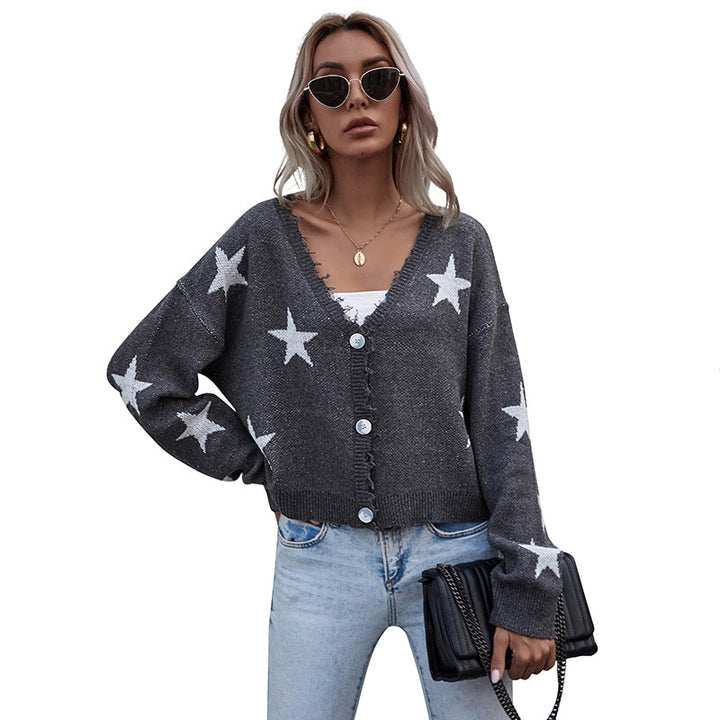 Women Casual Cardigan with Star Print and Button Details Mune Fashion