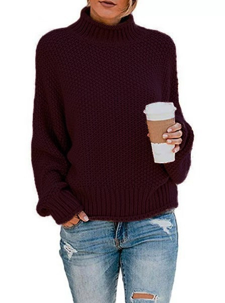 Women Chunky Knit Boxy Turtleneck Sweater with Textured Waffle Look and Ribbed Hem Mune Fashion