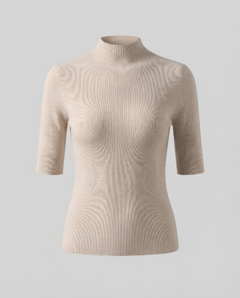 Women Half Sleeve Fine Knit Sweater with Short Stand Collar and Fitted Cut Mune Fashion