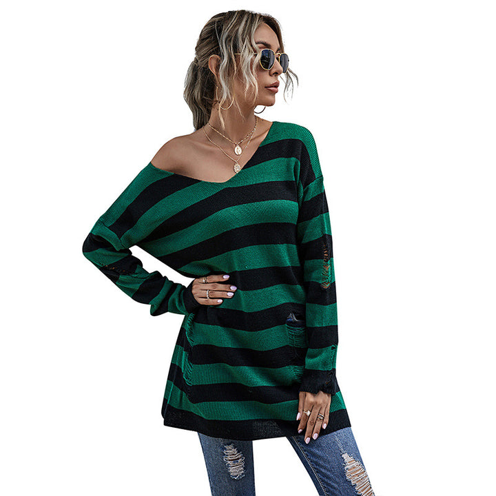 Women Off-Shoulder Knit Sweater with Stripes Mune Fashion