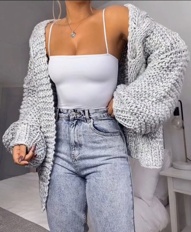 Women Oversized Chunky Knit Cardigan with Balloon Sleeves and Open Front Mune Fashion
