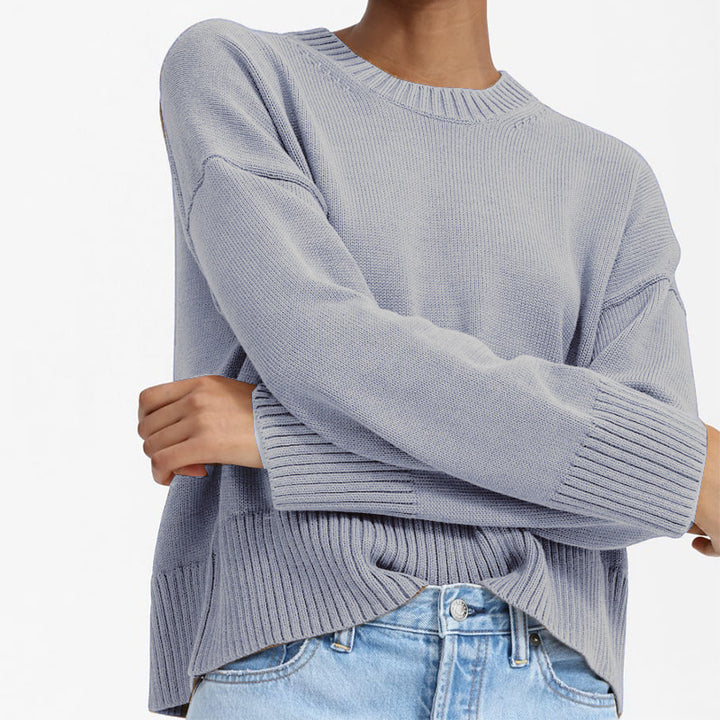 Women's Oversized Fine Knit Sweater with Round Neck, Dropped Shoulder, and Wide Ribbed Hem Mune Fashion
