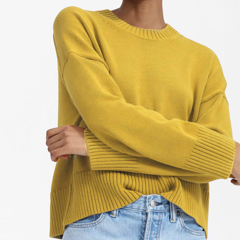 Women's Oversized Fine Knit Sweater with Round Neck, Dropped Shoulder, and Wide Ribbed Hem Mune Fashion