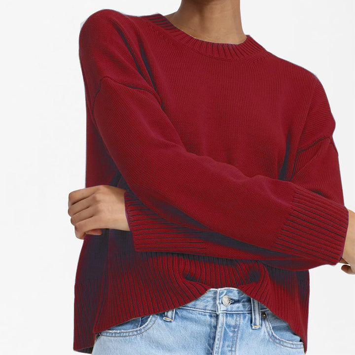 Women's Oversized Fine Knit Sweater with Round Neck, Dropped Shoulder, and Wide Ribbed Hem Mune Fashion