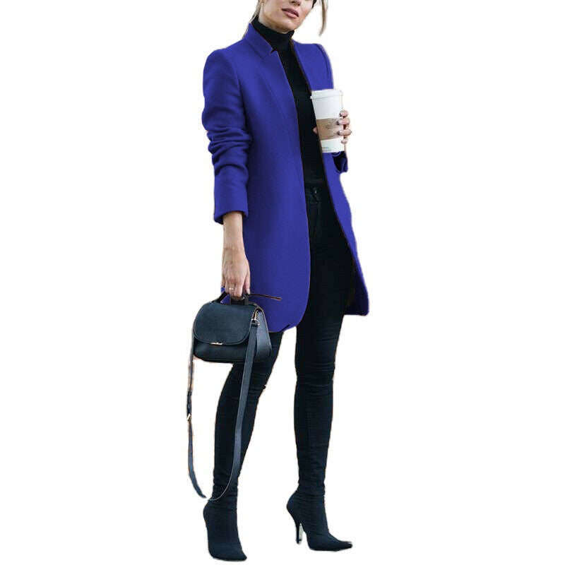 Ladies elegant knee-length wool blend coat with stand-up collar Mune Fashion