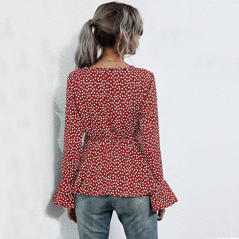 Women's Tailored Wrap Blouse with V-Neck, Allover Polka Dot Pattern and Flared Ruffle Sleeves Mune Fashion