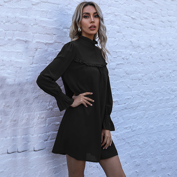 Women's short dress with stand-up collar, ruffle detail and gathered cuffs Mune Fashion