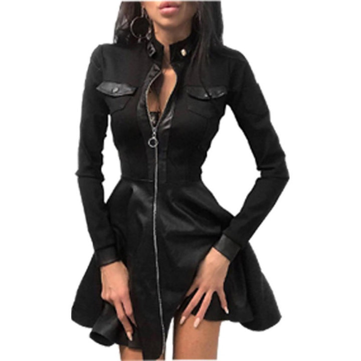 Ladies nan tailored mini dress with houndstooth top, faux leather skirt, stand-up collar and full-length zipper Mune Fashion