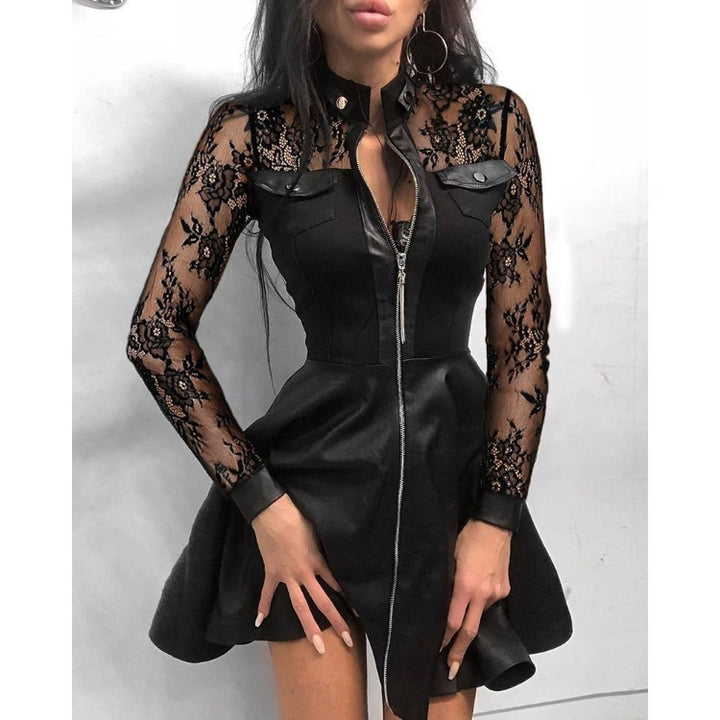 Ladies nan tailored mini dress with houndstooth top, faux leather skirt, stand-up collar and full-length zipper Mune Fashion