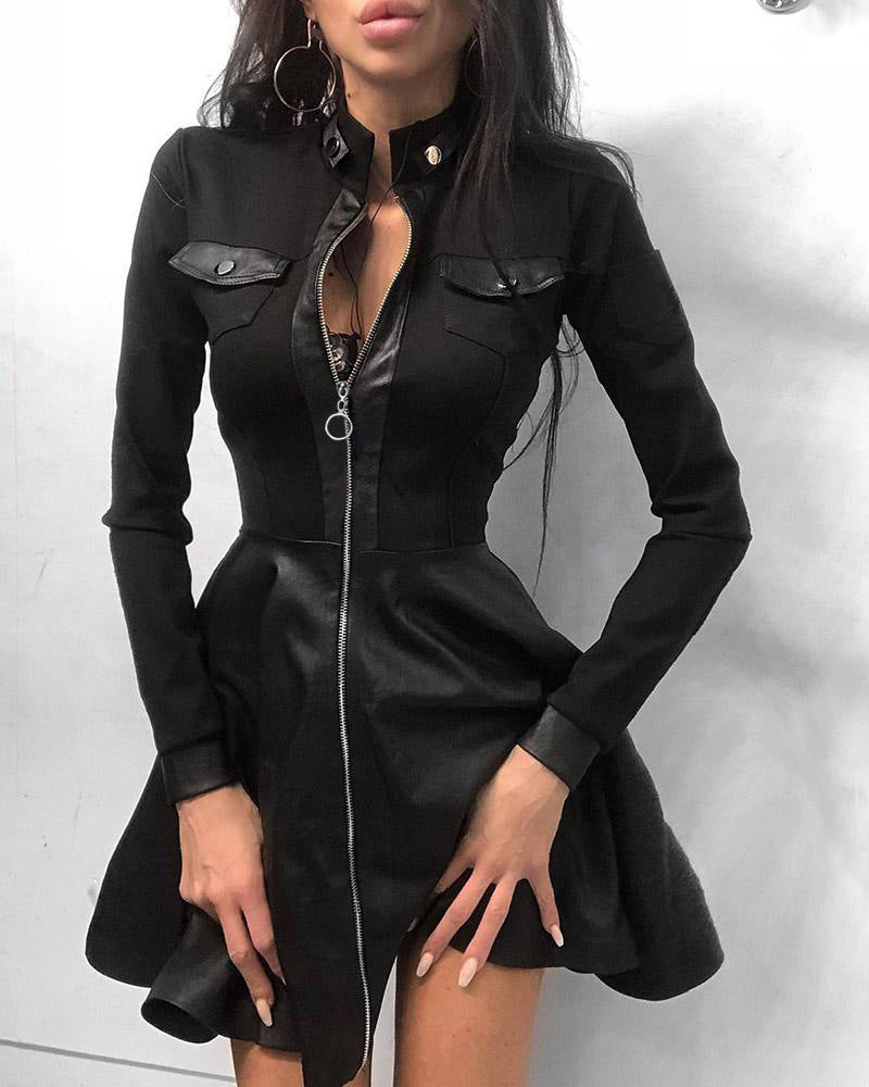 Ladies nan tailored mini dress with houndstooth top, faux leather skirt, stand-up collar and full-length zipper Mune Fashion