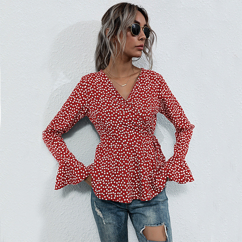 Women's Tailored Wrap Blouse with V-Neck, Allover Polka Dot Pattern and Flared Ruffle Sleeves Mune Fashion