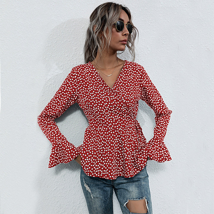 Women's Tailored Wrap Blouse with V-Neck, Allover Polka Dot Pattern and Flared Ruffle Sleeves Mune Fashion