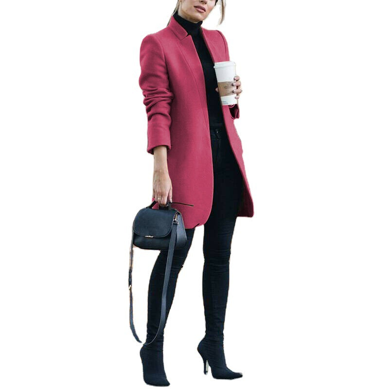 Ladies elegant knee-length wool blend coat with stand-up collar Mune Fashion