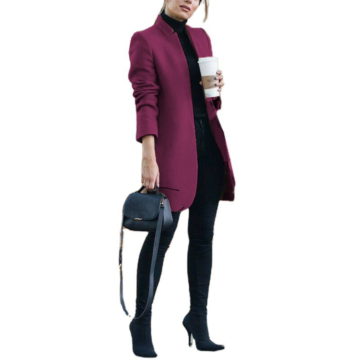 Ladies elegant knee-length wool blend coat with stand-up collar Mune Fashion