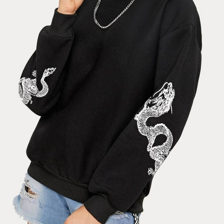 Women's Oversize Sweatshirt with Dragon Print on Sleeves and Round Neckline Mune Fashion