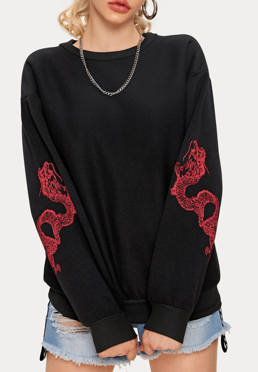 Women's Oversize Sweatshirt with Dragon Print on Sleeves and Round Neckline Mune Fashion