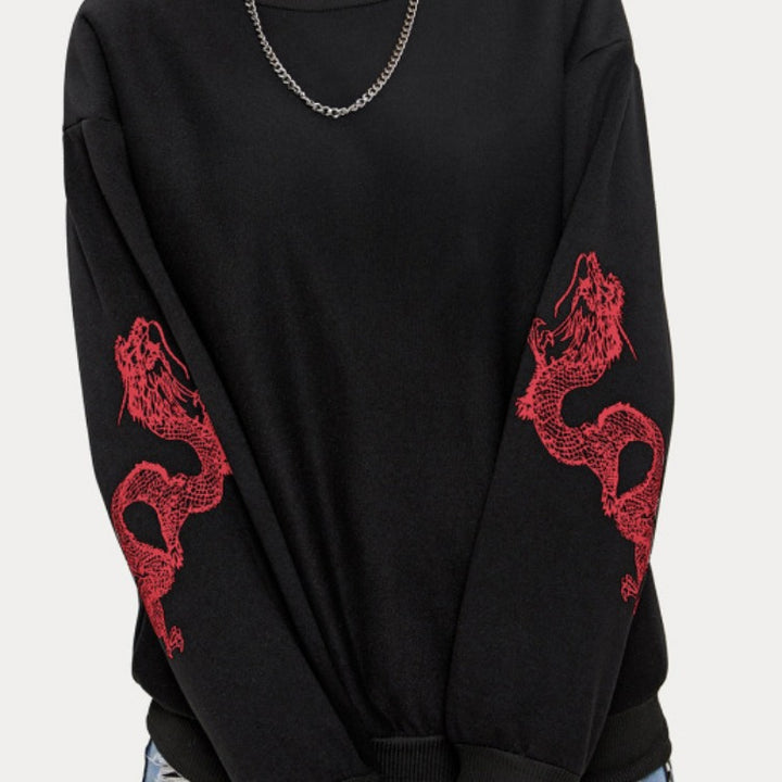 Women's Oversize Sweatshirt with Dragon Print on Sleeves and Round Neckline Mune Fashion