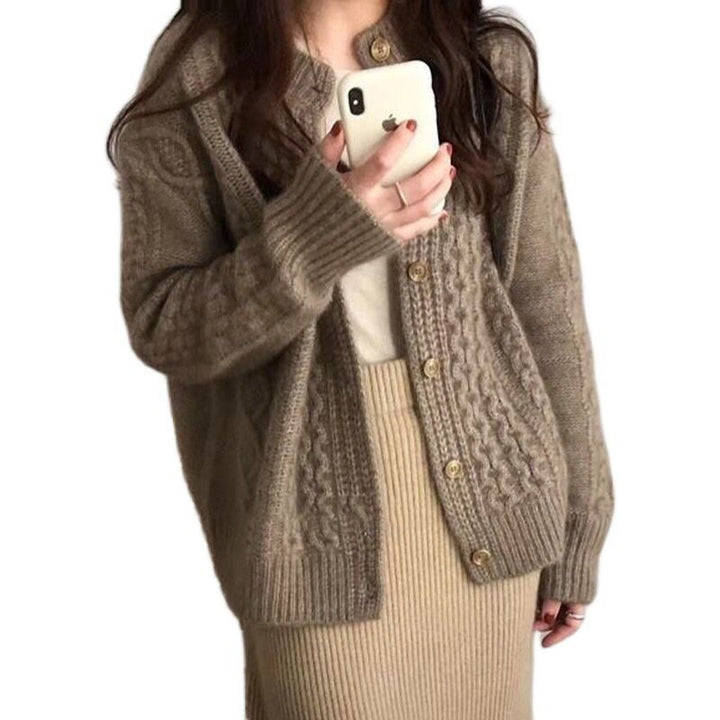 Women's Cozy Cable Knit Cardigan in Mohair Look with Ribbed Hem and Decorative Buttons Mune Fashion