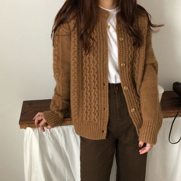 Women's Cozy Cable Knit Cardigan in Mohair Look with Ribbed Hem and Decorative Buttons Mune Fashion