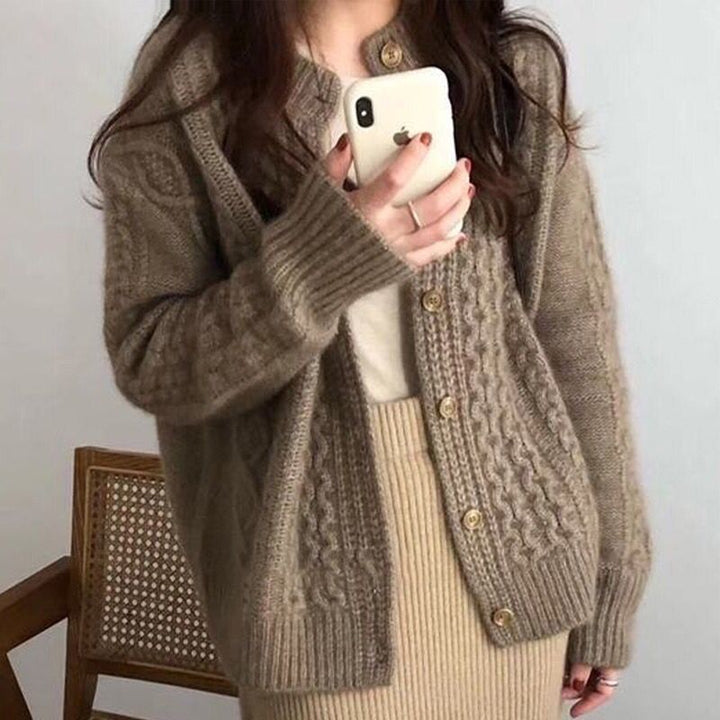 Women's Cozy Cable Knit Cardigan in Mohair Look with Ribbed Hem and Decorative Buttons Mune Fashion