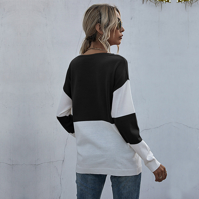 Women's Loose Knit Sweater in Block Pattern with V-Lace Detail Mune Fashion