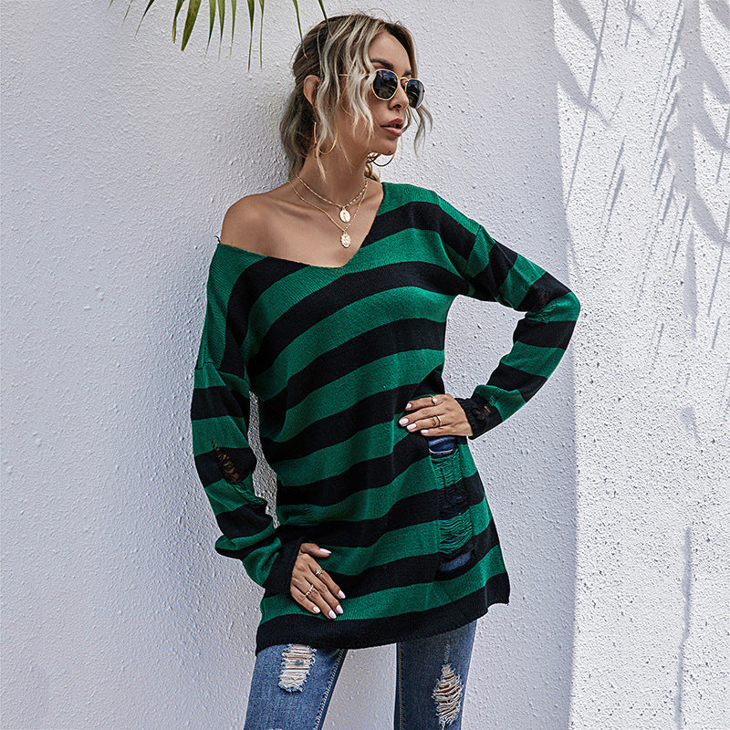 Women Off-Shoulder Knit Sweater with Stripes Mune Fashion