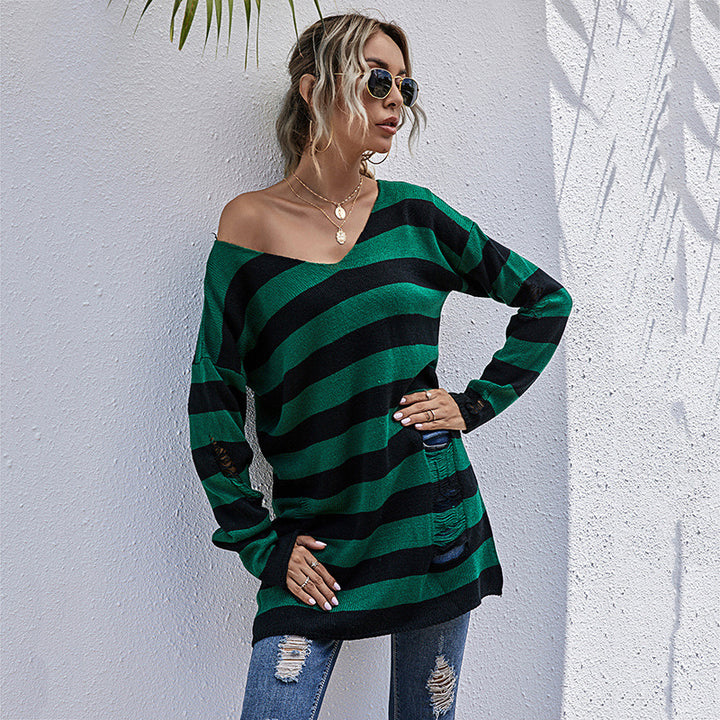 Women Off-Shoulder Knit Sweater with Stripes Mune Fashion
