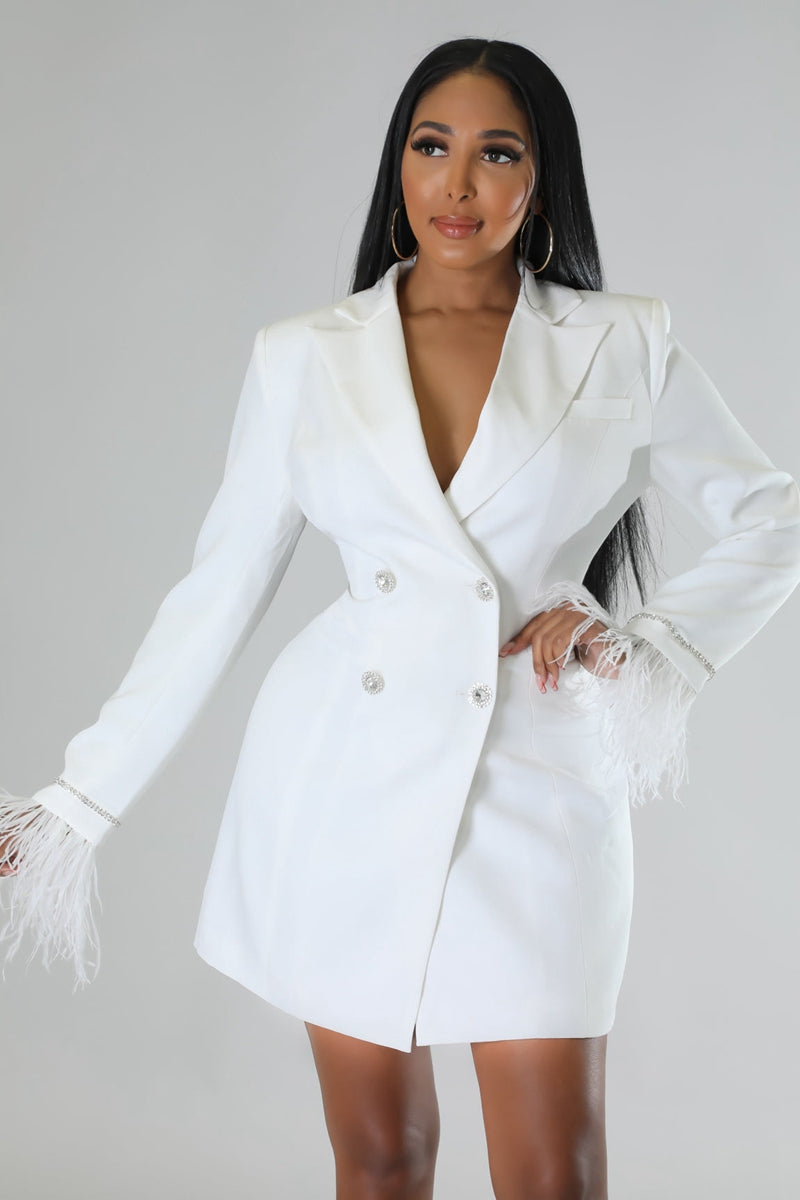 Mune | White Blazer Dress with Feathered Sleeves