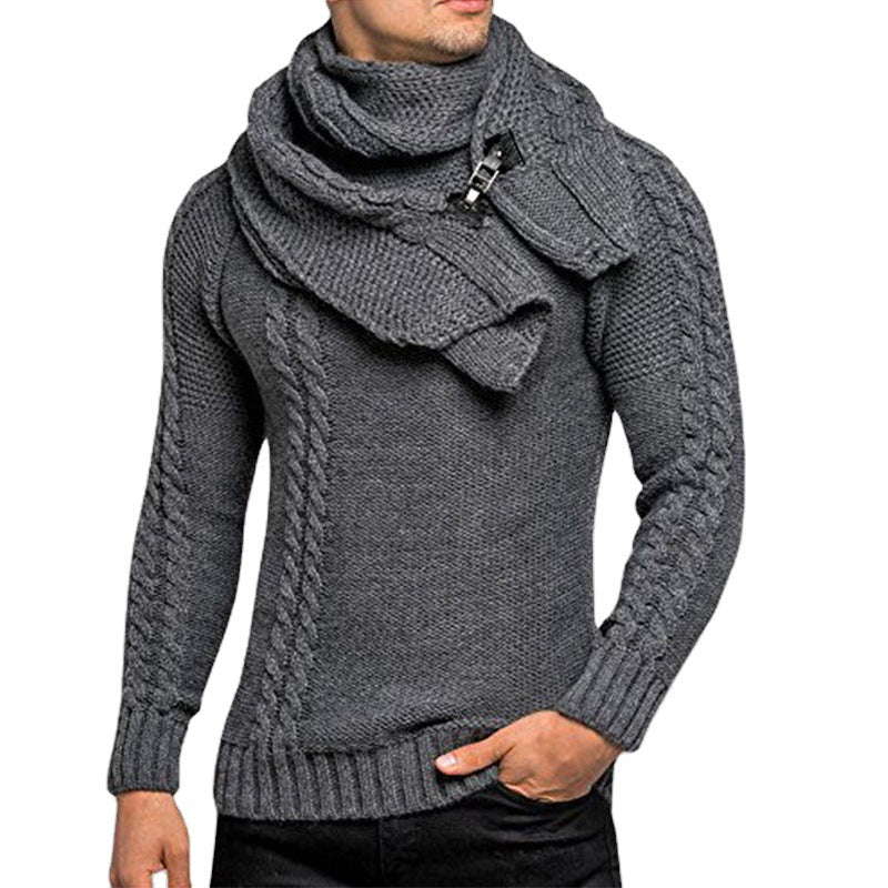 Men's chunky knit sweater with integrated wrap collar and buckle scarf Mune Fashion