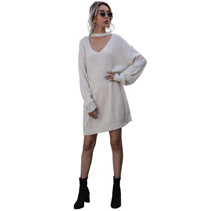 Women's Knitted Mini Knit Dress with V-Neck, Choker Detail, and Balloon Sleeves Mune Fashion