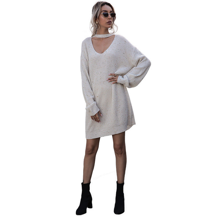 Women's Knitted Mini Knit Dress with V-Neck, Choker Detail, and Balloon Sleeves Mune Fashion