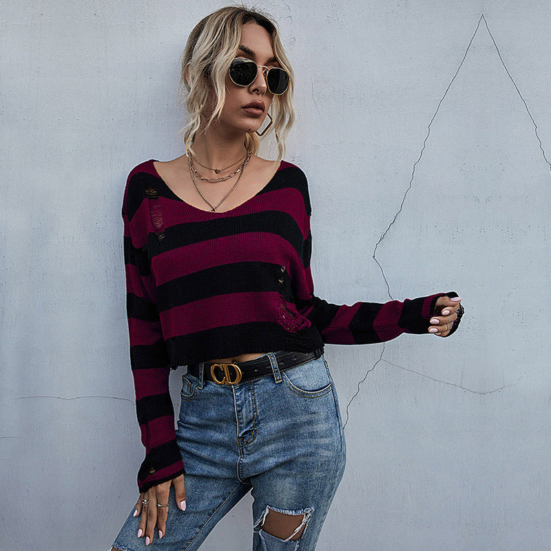 Ladies Short Striped Sweater with V-Neck, Used Look and Dropped Shoulders Mune Fashion