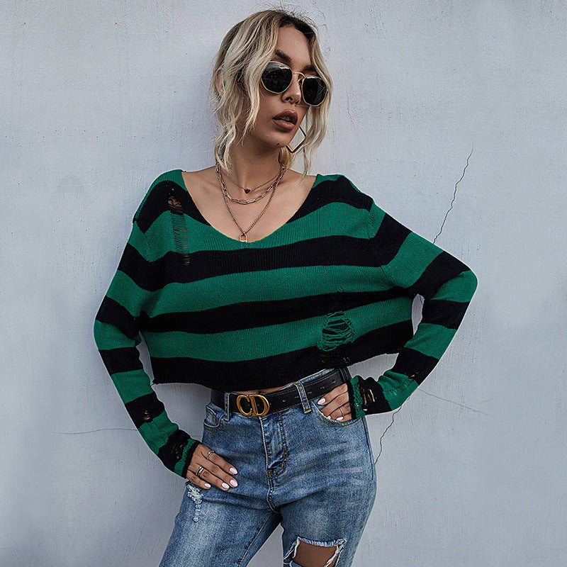 Ladies Short Striped Sweater with V-Neck, Used Look and Dropped Shoulders Mune Fashion