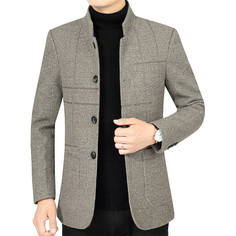 Men's Short Blazer in Suit Style with Stand Collar and Textured Wool Blend Mune Fashion