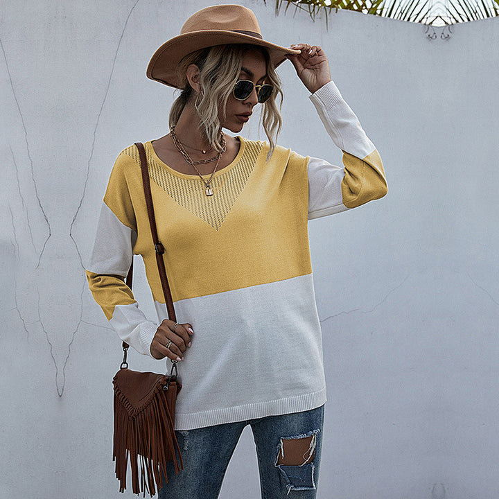 Women's Loose Knit Sweater in Block Pattern with V-Lace Detail Mune Fashion