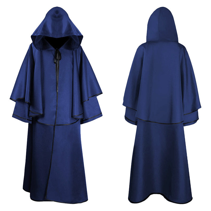 Unisex multi-layered hooded cloak with wide drape and satin ribbon closure Mune Fashion