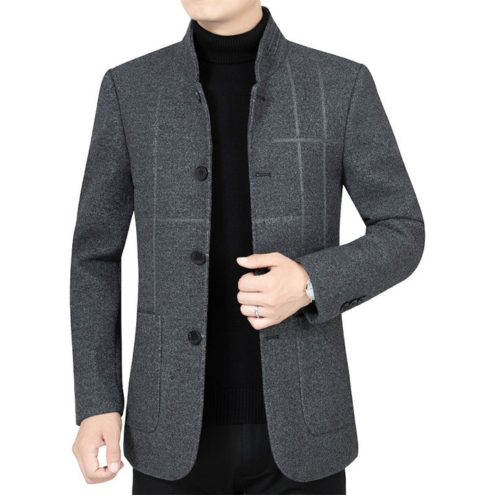 Men's Short Blazer in Suit Style with Stand Collar and Textured Wool Blend Mune Fashion