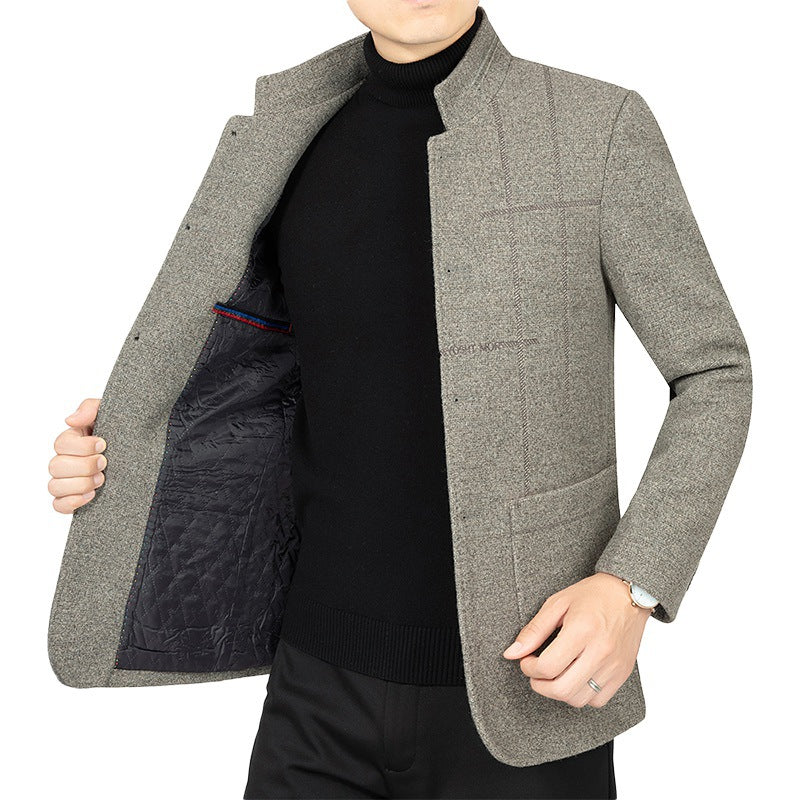 Men's Short Blazer in Suit Style with Stand Collar and Textured Wool Blend Mune Fashion