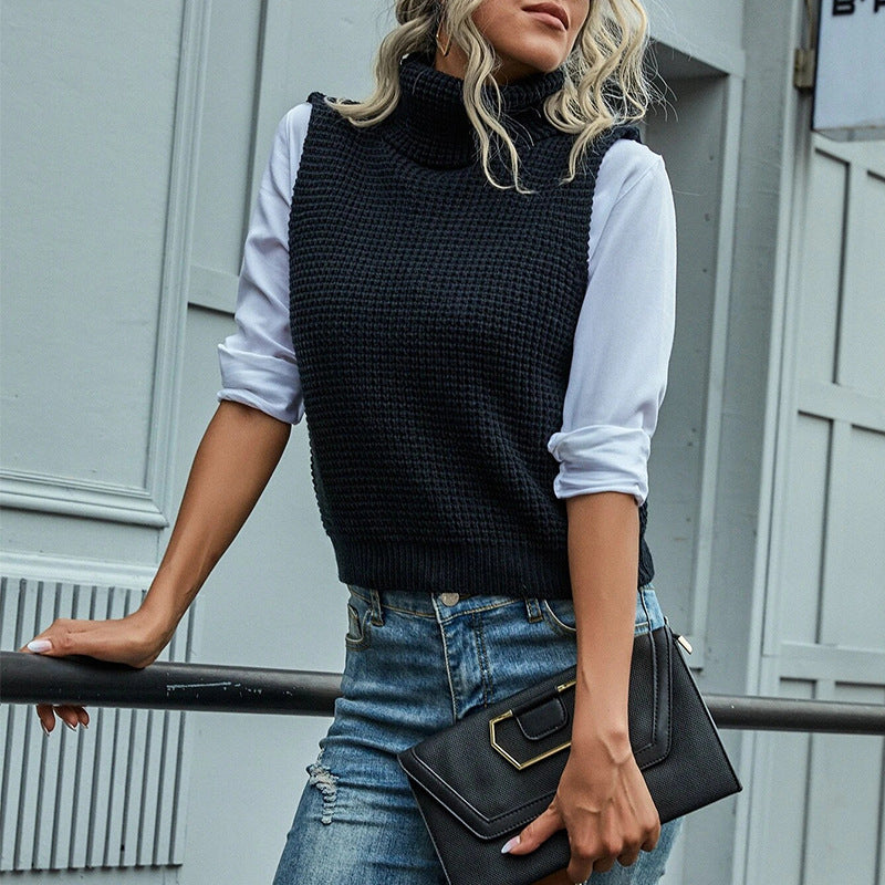 Women Sleeveless Turtleneck Knit Vest with Structured Waffle Look Mune Fashion