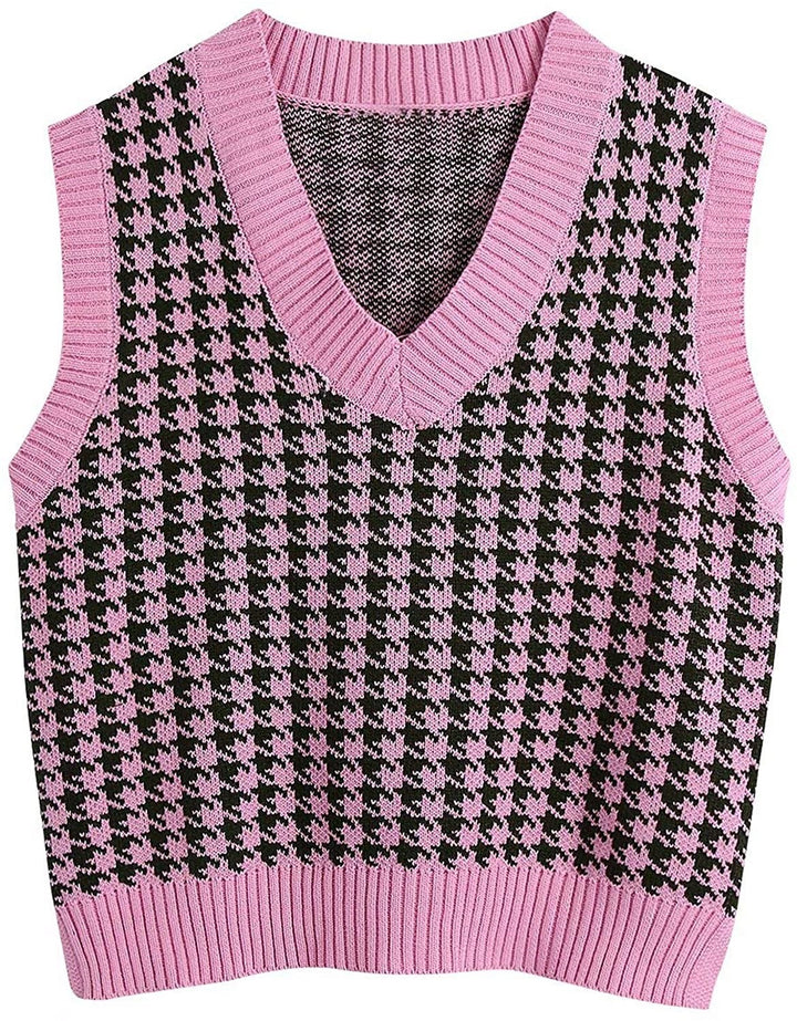 Women’s knit vest with houndstooth pattern, V-neck and ribbed hem Mune Fashion