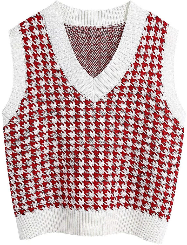 Women’s knit vest with houndstooth pattern, V-neck and ribbed hem Mune Fashion
