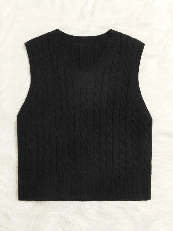 Women Knitted Sleeveless Cable Knit Sweater Vest with V-Neck Mune Fashion