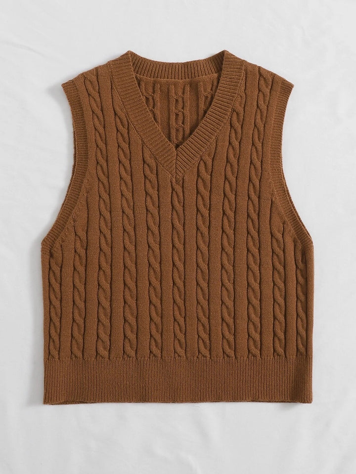 Women Knitted Sleeveless Cable Knit Sweater Vest with V-Neck Mune Fashion