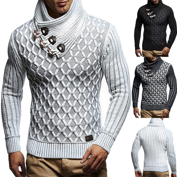 Men's textured knit pullover with overlapping roll neck and toggles Mune Fashion