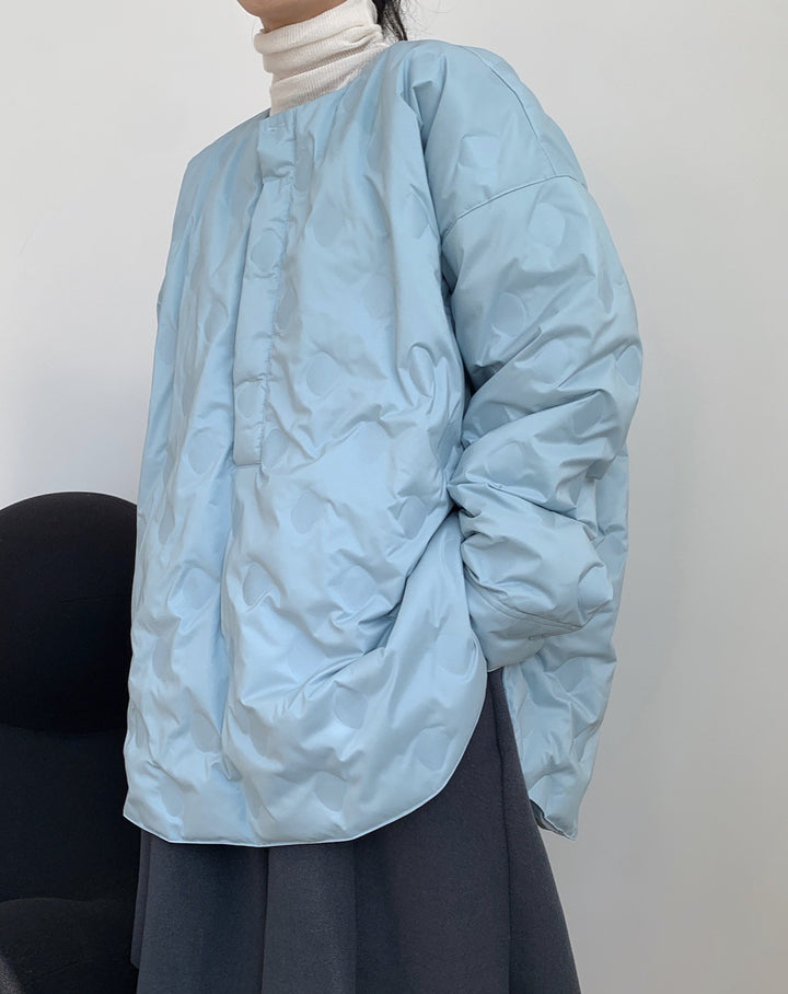 Women’s Oversized Quilted Jacket Without Collar with Round Neckline and Light Padding Mune Fashion