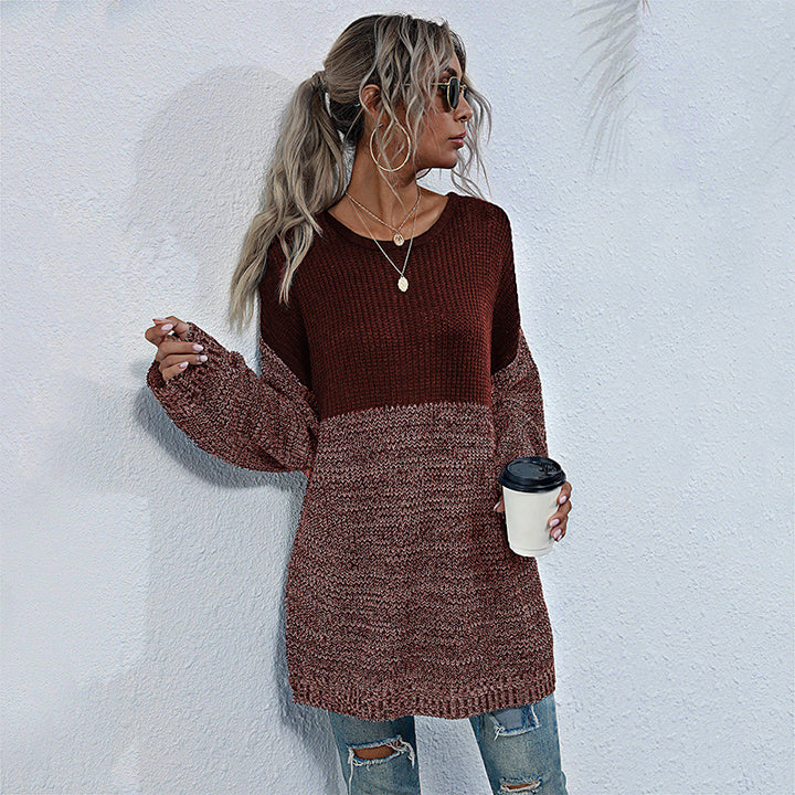 Ladies oversized knitted sweater in melange block design with round neckline & extended hem Mune Fashion