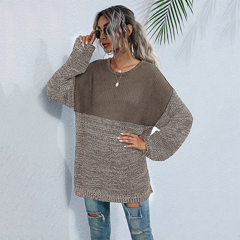Ladies oversized knitted sweater in melange block design with round neckline & extended hem Mune Fashion