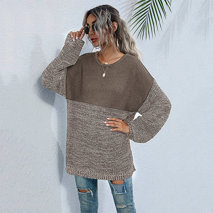 Ladies oversized knitted sweater in melange block design with round neckline & extended hem Mune Fashion