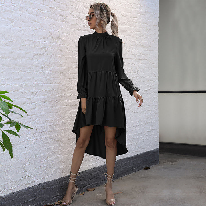 Women Elegant High Neck Dress with Ruffles Mune Fashion