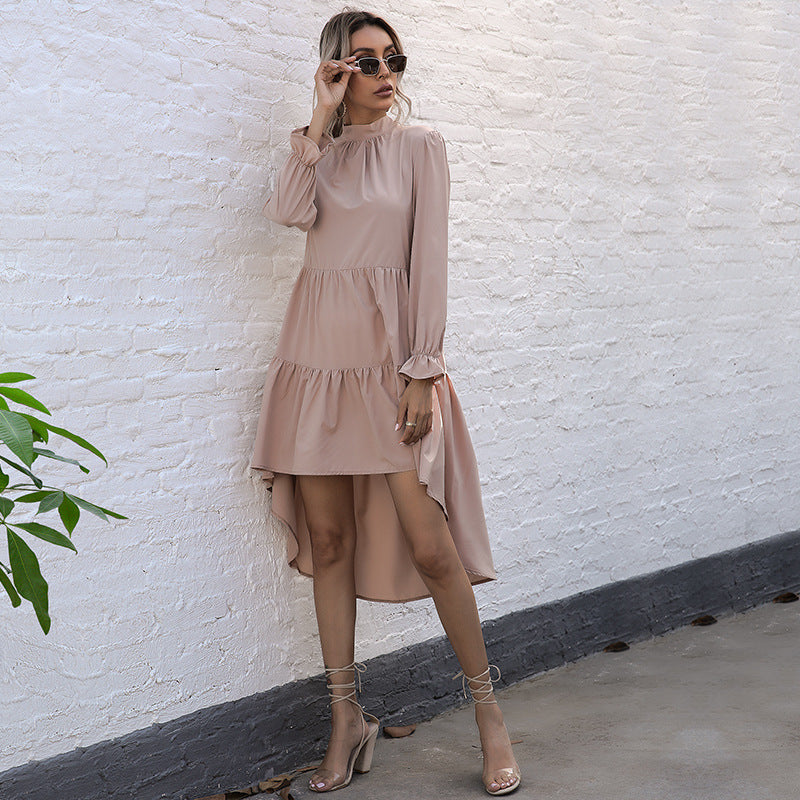 Women Asymmetric Tiered Midi Dress with Stand Collar, Long Sleeves and Ruffle Hem Mune Fashion